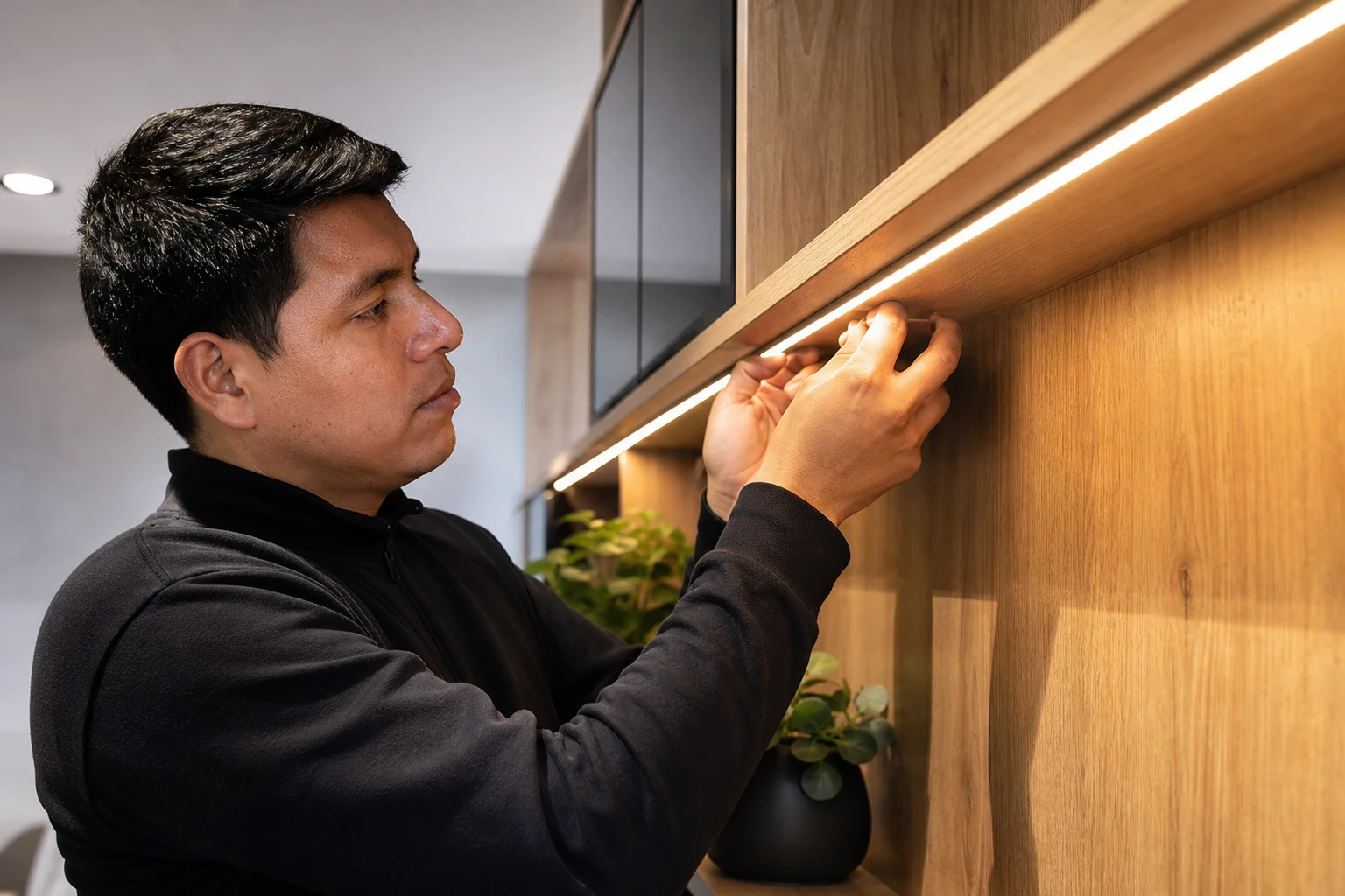 Detalle de perfil LED integrado en mueble