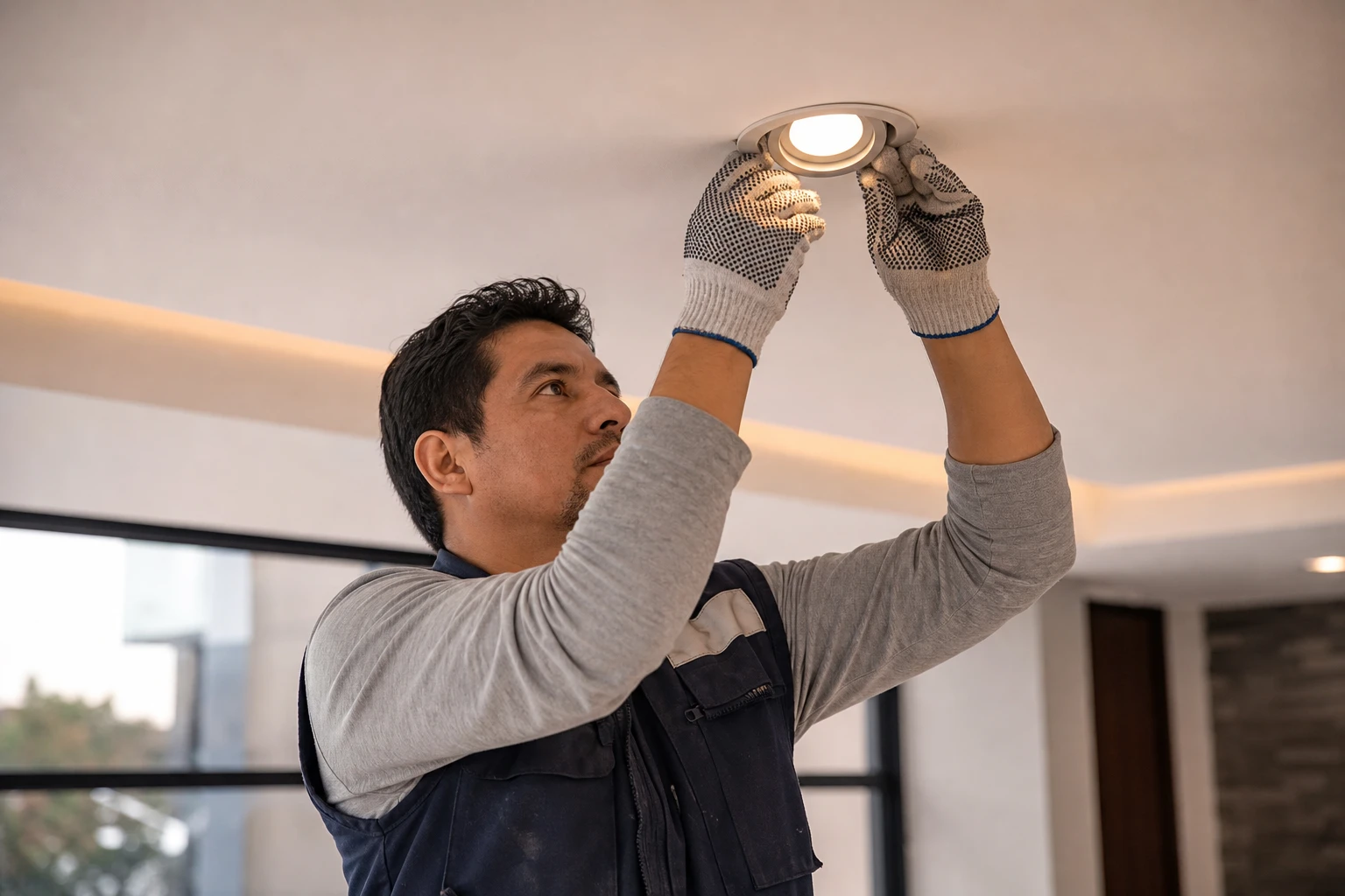 Instalador ajustando orientación de luminaria empotrada