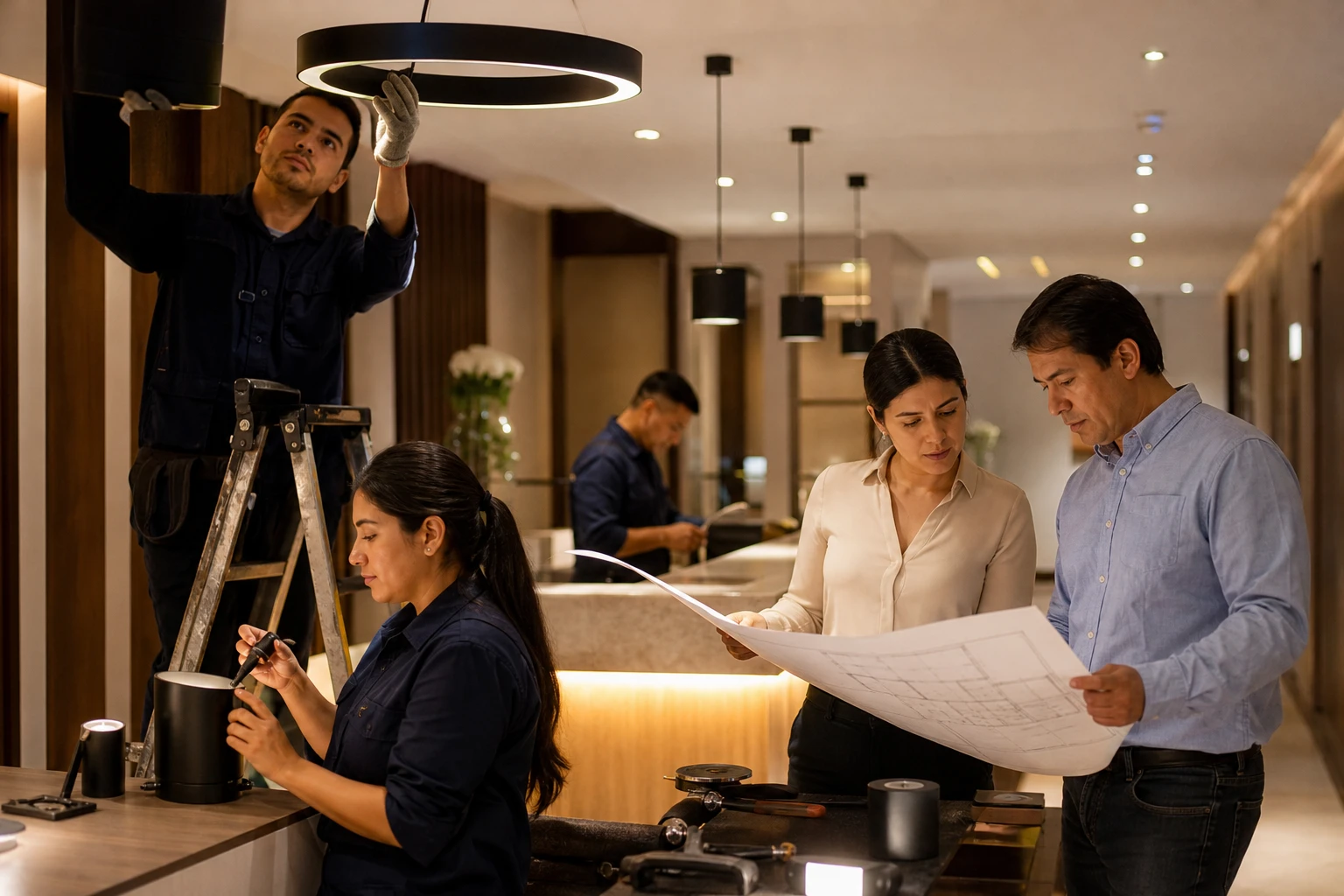 Sala con iluminación cálida y focos empotrados